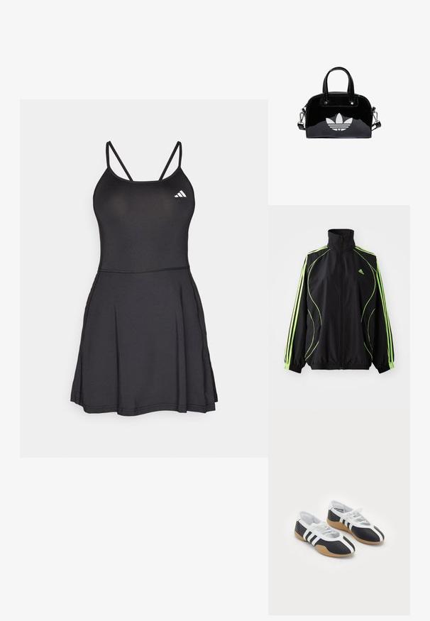 adidas Originals TEAMGEIST ADICOLOR - Overgangsjakke - black/signal green; Sort atletisk kjole med tætsiddende overdel, tynde stropper og udskåret nederdel. Har Adidas-logoet i hvidt øverst til venstre. Glat tekstur.; Sort-hvide sportsko med et slankt design, gummisål, snørebåndslukning og tre hvide striber på siden.; Sort patentlæder håndtaske med rund form, to top-håndtag, sølvdetaljer og en fremtrædende hvid logo på fronten.
