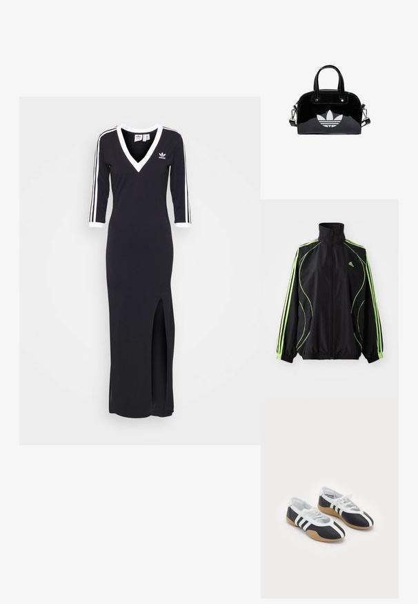 adidas Originals TEAMGEIST ADICOLOR - Übergangsjacke - black/signal green; Schwarzes Langarmkleid mit V-Ausschnitt, weißen Streifen entlang der Ärmel und einem seitlichen Schlitz. Aus weichem Stoff gefertigt, mit einem kleinen Logo auf der Brust.; Schwarz-weiße Sportschuhe mit einem eleganten Design, Gummisohle, Schnürverschluss und drei weißen Streifen an den Seiten.; Schwarze Handtasche aus Lackleder mit abgerundeter Form, doppelten Tragegriffen, silbernen Akzenten und einem auffälligen weißen Logo auf der Vorderseite.
