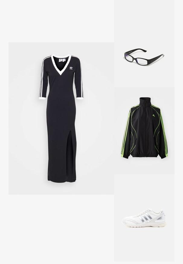 adidas Originals TEAMGEIST ADICOLOR - Übergangsjacke - black/signal green; Schwarzes Langarmkleid mit V-Ausschnitt, weißen Streifen entlang der Ärmel und einem seitlichen Schlitz. Aus weichem Stoff gefertigt, mit einem kleinen Logo auf der Brust.; Weißer Sportschuh mit silbernen Akzenten, strukturiertem Obermaterial, dreistreifigem Design und einer dicken Gummisohle.; Schwarze rechteckige Brille mit klaren Gläsern. Glänzende Oberfläche, schmale Bügel und lila Tönung an den Rändern der Gläser sichtbar.