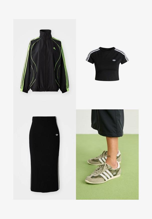 adidas Originals TEAMGEIST ADICOLOR - Chaqueta de entretiempo - black/signal green; Camiseta negra recortada con triple raya blanca en los hombros y logo Adidas trefoil en el pecho izquierdo.; Falda midi negra con diseño ajustado, que presenta franjas laterales blancas y un pequeño emblema blanco en el lado izquierdo.; Zapatillas verdes y grises con tres franjas blancas, materiales de ante y malla, diseño de caña baja y etiqueta de logo. Suela de goma estándar.