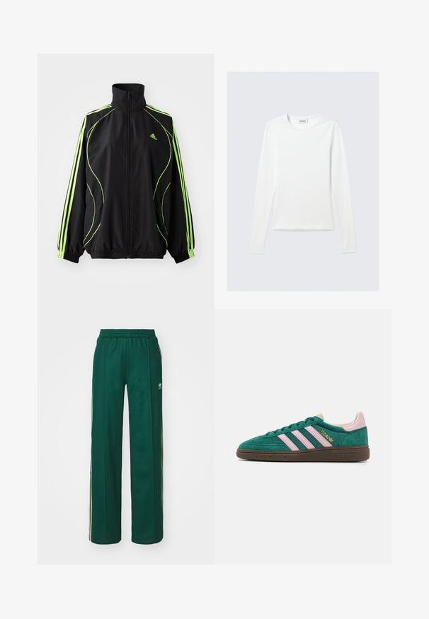 adidas Originals TEAMGEIST ADICOLOR - Kerge jope - black/signal green; Valge ühevärviline pikkade varrukatega ümara kaelusega slim-fit särk, esitletud helehallil taustal.; Tumed roheline sportlikud püksid, mis on lõdvema lõikega, koos paelaga vöökohas, küljetaskute ja kreemjate triipudega külgedel.; Roheline sametist tennisets, millel on roosad triibud, kreemjad aksessuaare ja tekstureeritud pruun kummitald. Omab paeltega suletud disaini ja kuldset brändimist.