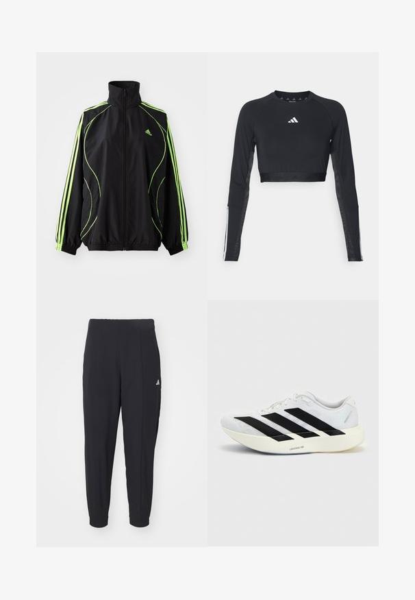 adidas Originals TEAMGEIST ADICOLOR - Ľahká bunda - black/signal green; Čierny krátky športový top s dlhým rukávom vyrobený z hladkej textílie. Obsahuje biele logo na hrudi a pruhované detaily na rukávoch.; Čierne športové nohavice vyrobené z hladkej tkaniny. Zúžený strih s elastickými manžetami. Obsahujú malé biele logo na ľavom boku.; Biela bežecká topánka s čiernym dizajnom so tromi pruhmi na boku a hrubou bielou podrážkou označenou "Lightstrike Pro" na jednofarebnom pozadí.