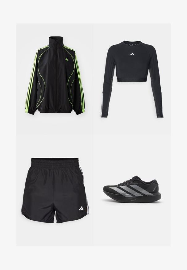 adidas Originals TEAMGEIST ADICOLOR - Overgangsjakke - black/signal green; Sort cropped træningstop med lange ærmer lavet af glat stof. Har et hvidt logo på brystet og stribede detaljer på ærmerne.; Sort atletiske shorts med elastisk talje, sideslids og hvide tre-stribes detaljer. Har et lille hvidt logo nederst til højre.; Sort løbesko med sølvstriber, tyk polstret sål mærket "Lightstrike Pro," set fra siden på hvid baggrund.