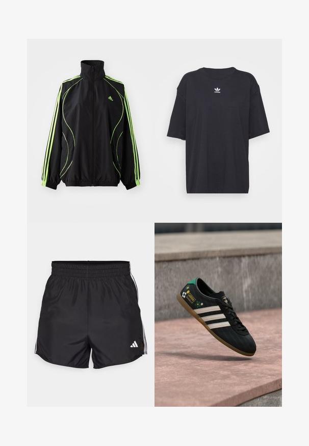 adidas Originals TEAMGEIST ADICOLOR - Overgangsjakke - black/signal green; Sort bomulds t-shirt med korte ærmer, rund halsudskæring, med et hvidt Adidas-logo på brystet. Enkel design, afslappet pasform.; Sort atletiske shorts med elastisk talje, sideslids og hvide tre-stribes detaljer. Har et lille hvidt logo nederst til højre.; Sort atletiksko med hvide striber, mønstret overdel med blomsterdetaljer og en grøn hæl. Gummisål, der giver godt greb.