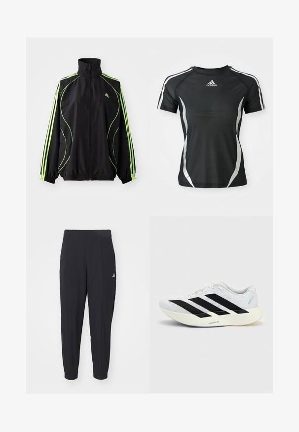 adidas Originals TEAMGEIST ADICOLOR - Könnyű dzseki - black/signal green; Fekete Adidas rövid ujjú sportpóló fehér csíkokkal a vállakon és ezüst ívelt díszítésekkel az oldalakon.; Fekete sportnadrág sima anyagból. Fokozatosan szűkülő fazon, gumírozott szegéllyel. Kis fehér logó található a bal csípőjén.; Fehér futócipő fekete háromcsíkkal az oldalon és vastag fehér talppal, amelyen a "Lightstrike Pro" felirat olvasható, egyszínű háttéren.