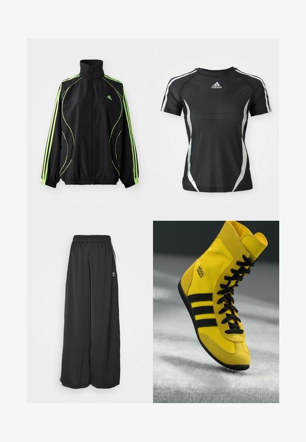 adidas Originals TEAMGEIST ADICOLOR - Ľahká bunda - black/signal green; Čierne športové tričko Adidas s krátkym rukávom, s bielymi pruhmi na ramenách a striebornými zakrivenými akcentmi po stranách.; Čierne široké tréningové nohavice vyrobené z hladkej látky. Obsahujú elastický pás a bočné pruhy s logom.; Vysoké tenisky vyrobené zo žltého syntetického materiálu, so zosilnenými čiernymi šnúrkami, tromi čiernymi pruhmi a logom na boku. Kvalitná gumová podrážka.
