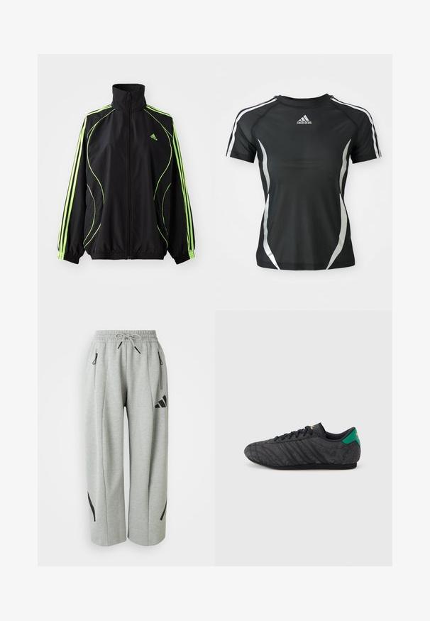 adidas Originals TEAMGEIST ADICOLOR - Ľahká bunda - black/signal green; Čierne športové tričko Adidas s krátkym rukávom, s bielymi pruhmi na ramenách a striebornými zakrivenými akcentmi po stranách.; Svetlošedé tepláky vyrobené z mäkkej látky, s elastickým pásom, šnúrkou v páse a čiernymi akcentmi na vreckách a stranách.; Čierna nízka teniska s jemným kvetinovým vzorom, čiernymi šnúrkami, zelenou pätovou záložkou a zlatým logom na jazyku a päte.