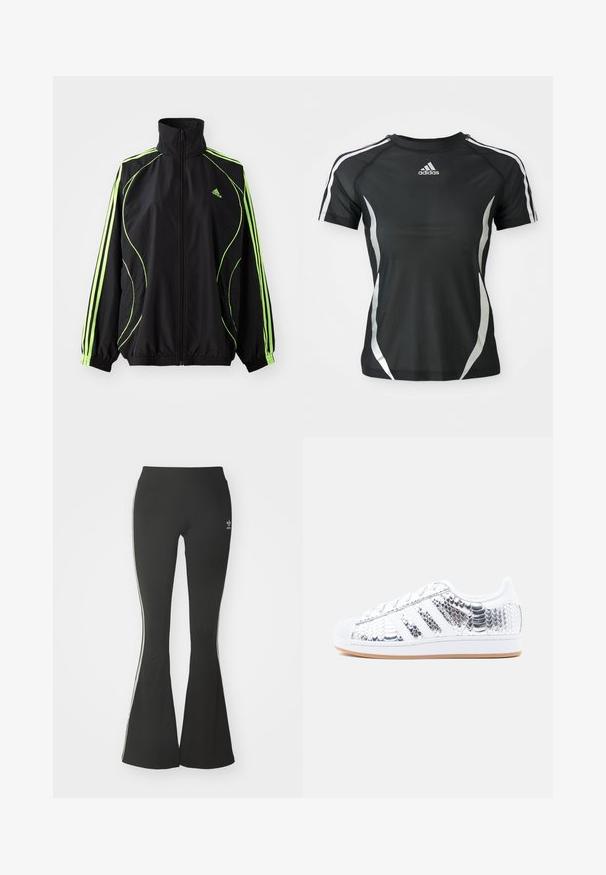 adidas Originals TEAMGEIST ADICOLOR - Übergangsjacke - black/signal green; Schwarzes Adidas Sport-T-Shirt mit kurzen Ärmeln, weißen Streifen an den Schultern und silbernen gewölbten Akzenten an den Seiten.; Schwarze ausgestellte Leggings aus Stretchmaterial mit hohem Bund und weißen Seitenstreifen. Inklusive kleinem Logo am Bund.; Silberfarbener Sneaker mit Schlangenledermuster, weißen Lederakzenten, Gummisohle, drei Streifen und rundlicher Zehenpartie. Verfügt über eine Schnürung.