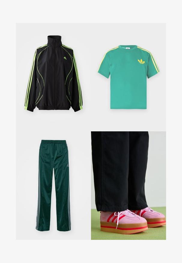 adidas Originals TEAMGEIST ADICOLOR - Übergangsjacke - black/signal green; Grünes Baumwoll-T-Shirt mit kurzen Ärmeln, das gelbe Streifen entlang der Schultern und ein gesticktes dreiblättriges Logo auf der Brust zeigt.; Dunkelgrüne Sporthosen aus glänzendem Material, mit seitlichen Streifen in Hellgrau und einem gestickten Logo auf dem linken Bein.; Rosa Wildleder-Plattform-Sneaker mit roten Akzenten und drei Streifen, ausgestattet mit einer dicken, transparenten Gummisohle, kombiniert mit schwarzen Hosen.