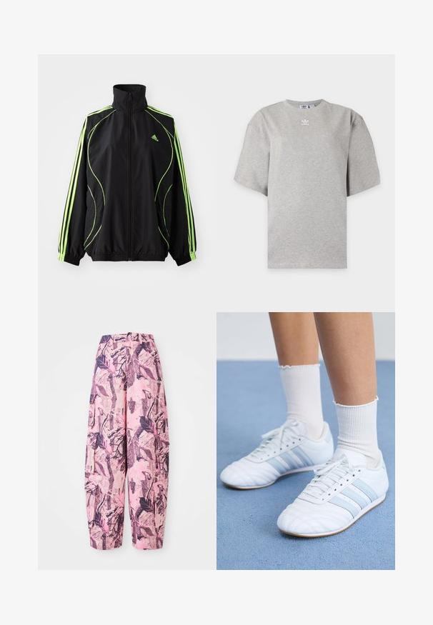 adidas Originals TEAMGEIST ADICOLOR - Ľahká bunda - black/signal green; Svetlosivé tričko Adidas s krátkym rukávom, okrúhlym výstrihom a malým bielym logom Adidas na hrudi, zobrazené na jednoduchom pozadí.; Ružové a fialové široké nohavice s vzorom obsahujúce dizajn listov a vetvičiek, s vysokým pásom a bočnými vreckami pre väčšiu funkčnosť.; Biele kožené športové topánky so svetlomodrými pruhmi, textúrovaným špičkou a bielymi ponožkami. Zobrazené na modrom koberci.