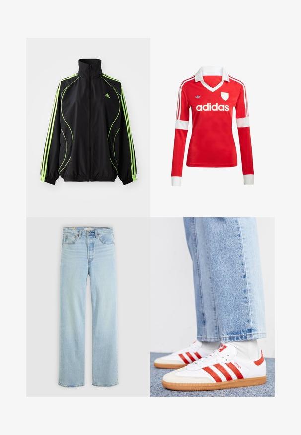 adidas Originals TEAMGEIST ADICOLOR - Ľahká bunda - black/signal green; Červený futbalový dres s dlhým rukávom a bielym golierom a manžetami. Na ramenách sú tri biele pruhy a výrazne zobrazené logo "adidas".; Svetlomodré džínsy s rovnými nohavicami, obsahujúce päť vreciek, klasický zips a viditeľné švy.; Biele kožené tenisky s červenými pruhmi a akcentmi. Majú štruktúrovanú gumovú podrážku a polstrovaný golier. Nosené s svetlomodrými džínsami.