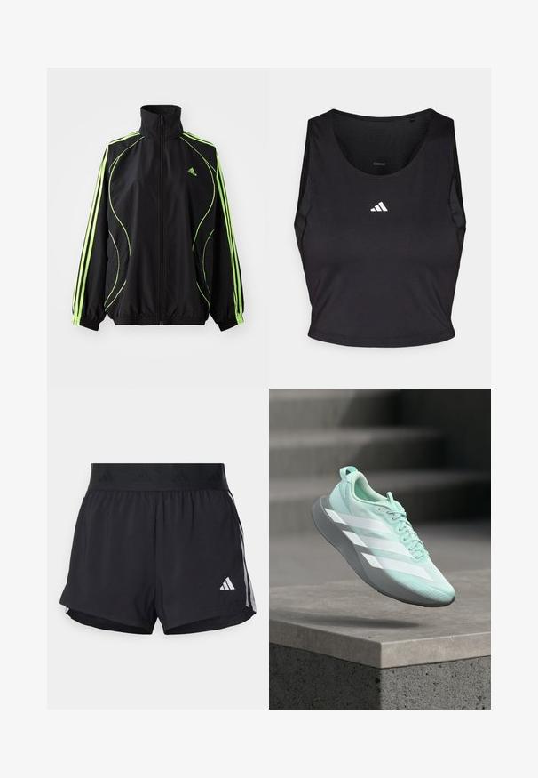 adidas Originals TEAMGEIST ADICOLOR - Overgangsjakke - black/signal green; Sort sports crop top lavet af fugttransporterende stof, med rund hals, ærmeløs design og hvidt logo på brystet.; Sorte sport shorts med elastisk talje, der har et tekstureret bånd, sidestreger og et hvidt Adidas-logo på den nederste kant.; Lyseblå løbesko med hvide striber og grå sål, der svæver over et betontrin med slørede trapper i baggrunden.