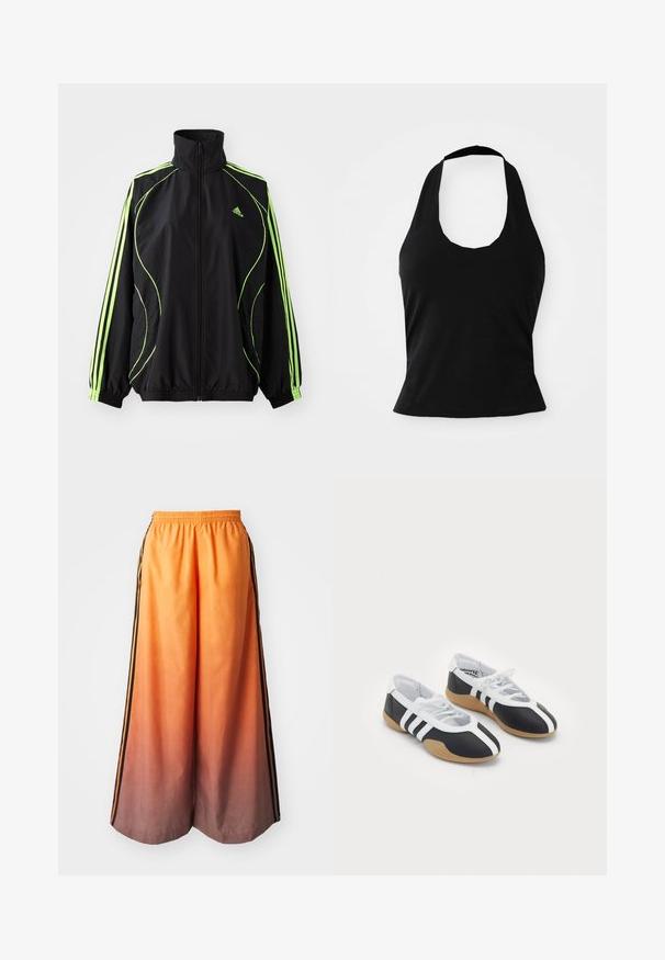 adidas Originals TEAMGEIST ADICOLOR - Kerge jope - black/signal green; Must mustriba mustriba pehmeast kangast, millel on ringikujuline krae ja liibuva siluett, sile tekstuur ja ilma nähtavate mustriteta.; Oranžidetailidega laiad püksid musta küljeribaga, millel on elastne vöökoht ja kerge materjal.; Mustvalged spordijalatsid, millel on sile disain, kummist tald, paeltest kinni tõmmatav sulgur ja kolm valget triipu külgedel.