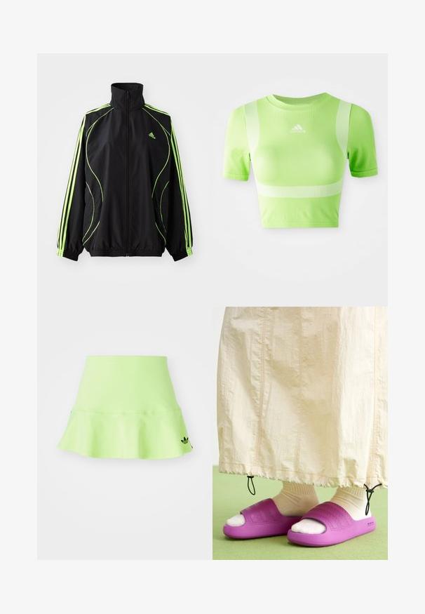 adidas Originals TEAMGEIST ADICOLOR - Übergangsjacke - black/signal green; Kurzes sportliches Shirt aus leuchtend grünem Stoff. Mit kurzen Ärmeln, Rundhalsausschnitt und weißem diagonalen Streifenmuster auf den Schultern. adidas-Logo auf der Vorderseite.; adidas Originals SKIRT - Minirock - signal green; Lila Gummischlappen mit einem strukturierten Bandsdesign, getragen über cremefarbigen Socken, kombiniert mit einem hellbeigen Rock. Grüner Boden.