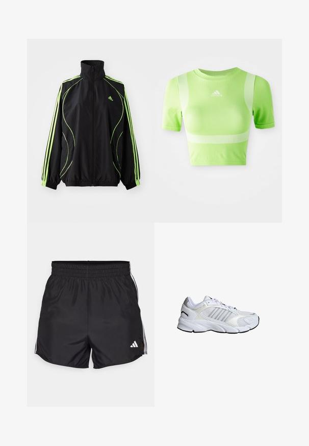 adidas Originals TEAMGEIST ADICOLOR - Jas - black/signal green; Geknipt sportshirt van helder groene stof. Heeft korte mouwen, een ronde hals en een wit diagonale streepdesign op de schouders. adidas-logo aan de voorkant.; Zwarte sportshorts met een elastische tailleband, zijsplitten en witte drievoudige strepenaccenten. Bevat een klein wit logo op de rechteronderkant.; Witte sportschoen met ademend mesh en synthetische materialen, drie zilveren strepen, een getextureerde rubberen zool en een gevoerde kraag.