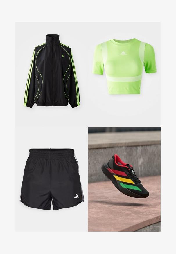 adidas Originals TEAMGEIST ADICOLOR - Ľahká bunda - black/signal green; Zkrátené atletické tričko v jasne zelenej farbe. Má krátke rukávy, okrúhly výstrih a biely diagonálny pruhový vzor na pleciach. Logo adidas na prednej strane.; Čierne športové šortky s elastickým pásom, bočnými rozparkami a bielymi trojpruhmi. Obsahujú malé biele logo v dolnom pravom rohu.; Čierna športová obuv s červenými, žltými a zelenými pruhmi, ktorá sa vznáša nad kamenným povrchom vonku.