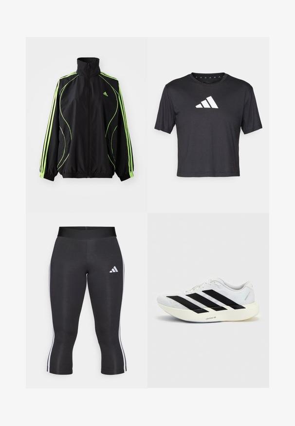 adidas Originals TEAMGEIST ADICOLOR - Übergangsjacke - black/signal green; Schwarzes kurz geschnittenes T-Shirt aus glattem Material, mit einem weißen Adidas-Logo auf der Brust, runder Ausschnitt und kurzen Ärmeln.; Schwarze Capri-Leggings mit breitem Bund, versehen mit weißen seitlichen Streifen und einem weißen Adidas-Logo auf dem linken Oberschenkel. Glatte Textur.; Weißer Laufschuh mit schwarzem Drei-Streifen-Design an der Seite und dicker weißer Sohle mit der Aufschrift "Lightstrike Pro" auf einfarbigem Hintergrund.