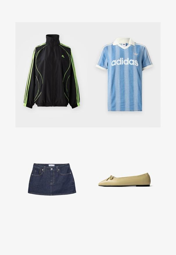 adidas Originals TEAMGEIST ADICOLOR - Overgangsjakke - black/signal green; Lyseblå polo med korte ærmer og lodrette striber, hvide detaljer og en fremtrædende hvid "adidas"-logo på forsiden.; Mørkeblå denim mininederdel med frontknapper, lommer, bæltestropper og synlige orange syninger på hvid baggrund.; Beige balletflat i læder med rund tå, lille sløjfe foran, lav hæl og syninger langs åbningen.