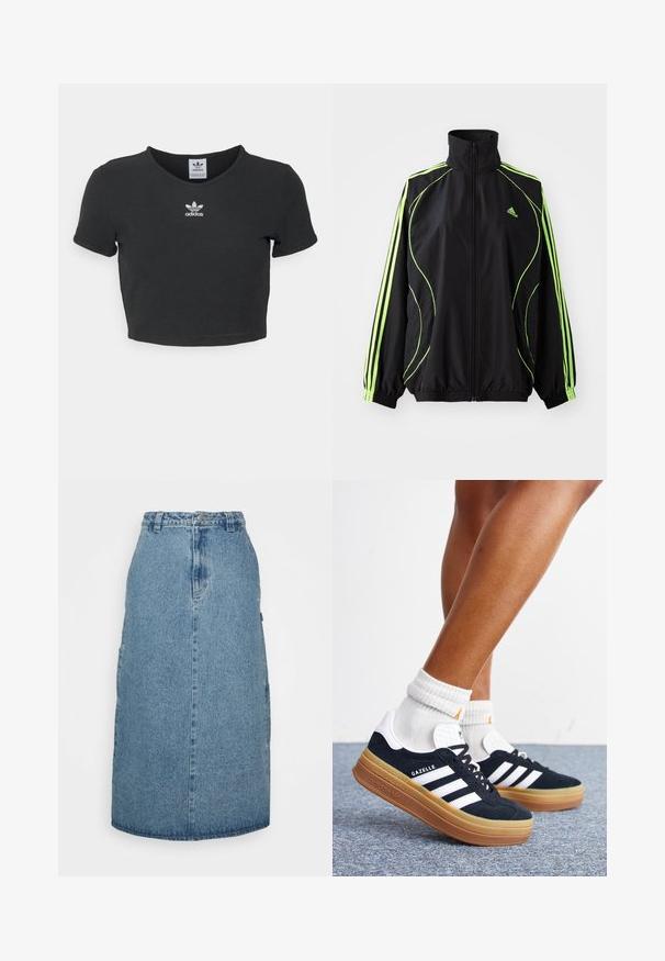 adidas Originals TEAMGEIST ADICOLOR - Kerge jope - black/signal green; Must tänavakujundus, millel on ümara kaeluse ja lühikeste varrukatega must lühike t-särk, mis on valmistatud puuvillast. Keskel on valge Adidas logo tikand.; Obey Clothing JUNIPER MIDI SKIRT - A-lõikeline seelik - stonewash indigo; Jalad valgete sokkide ja mustade Adidas Gazelle tossudega, millel on valged triibud ja paksud pruunid tallad, halli vaibaga põrandal.