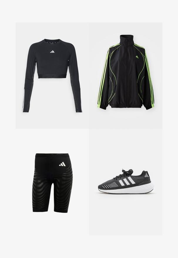 adidas Originals TEAMGEIST ADICOLOR - Veste mi-saison - black/signal green; Haut d'entraînement noir à manches longues et coupé, en tissu lisse. Présente un logo blanc sur la poitrine et des accents rayés sur les manches.; Shorts de sport noirs avec un design texturé comprenant des rayures ondulées. Logo blanc sur la ceinture, fabriqués en matériau évacuant l'humidité.; Chaussures de sport noires avec un dessus texturé, design à trois bandes blanches, semelle en caoutchouc et accents blancs contrastants sur le talon.