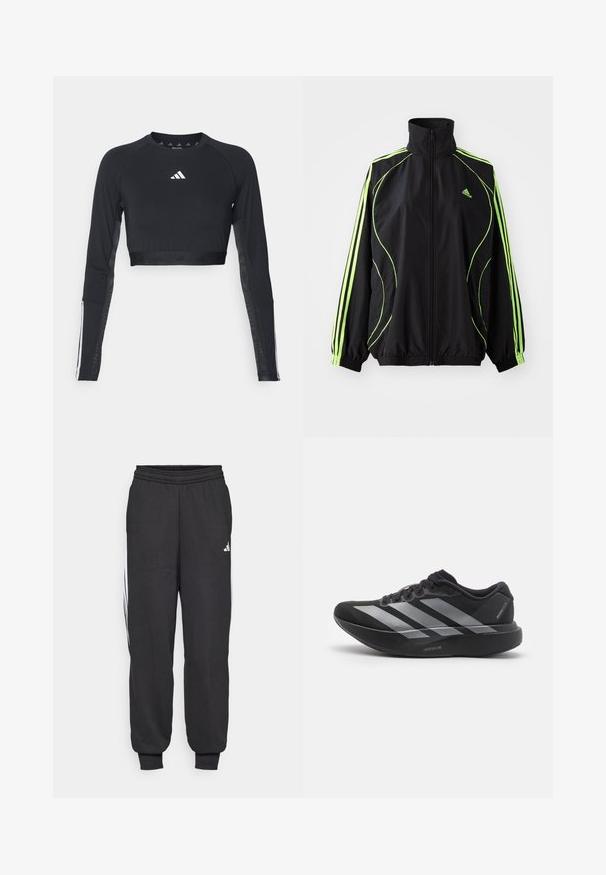 adidas Originals TEAMGEIST ADICOLOR - Overgangsjakke - black/signal green; Sort cropped træningstop med lange ærmer lavet af glat stof. Har et hvidt logo på brystet og stribede detaljer på ærmerne.; Sorte træningsbukser med elastisk talje, indsnævrede ankler og hvide sidelister. Lavet af blødt stof med en glat tekstur.; Sort løbesko med sølvstriber, tyk polstret sål mærket "Lightstrike Pro," set fra siden på hvid baggrund.
