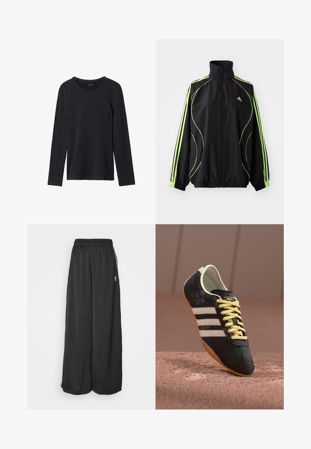 adidas Originals TEAMGEIST ADICOLOR - Veste mi-saison - black/signal green; T-shirt noir à manches longues en tissu doux, avec un col rond, un design simple et sans motifs ni embellissements visibles.; Pantalons de jogging noirs amples en tissu lisse. Comprend une taille élastique et des bandes latérales avec des accents de logo.; Chaussure de sport noire avec trois bandes blanches, lacets jaunes et finition texturée. Présente un design courbé et une semelle en caoutchouc.
