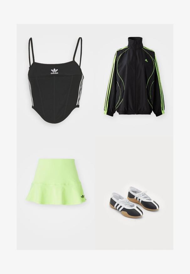 adidas Originals TEAMGEIST ADICOLOR - Kerge jope - black/signal green; Must mustriba top mustaks, reguleeritavate õhukeste kinnitustega, millel on külgedel kolm valget triipu ja keskel väike valge Adidas'i logo.; adidas Originals SKIRT - Miniseelik - signal green; Mustvalged spordijalatsid, millel on sile disain, kummist tald, paeltest kinni tõmmatav sulgur ja kolm valget triipu külgedel.