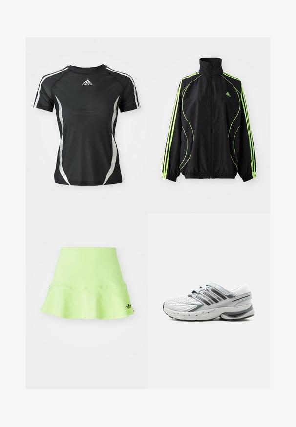 adidas Originals TEAMGEIST ADICOLOR - Kerge jope - black/signal green; Mustad mustade lühikeste varrukatega Adidas sportpoliisik, millel on valged triibud õlgadel ja hõbedased kaarjad aktsendid külgedel.; adidas Originals SKIRT - Miniseelik - signal green; Valge ja hall sport jalanõu võrgust pealispinnaga, mitme rihmaga, pehmendusega tallaga ja kaubamärgiga detail küljel, näidatud vasakult küljelt heledal taustal.