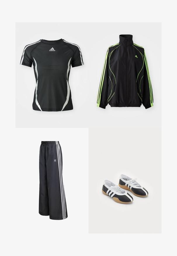adidas Originals TEAMGEIST ADICOLOR - Overgangsjakke - black/signal green; Sort Adidas atletisk T-shirt med korte ærmer, hvide striber på skuldrene og sølvfarvede buede detaljer på siderne.; Sorte atletikbukser lavet af letvægtsmateriale, med tre hvide lodrette striber og en elastisk talje med snøre.; Sort-hvide sportsko med et slankt design, gummisål, snørebåndslukning og tre hvide striber på siden.