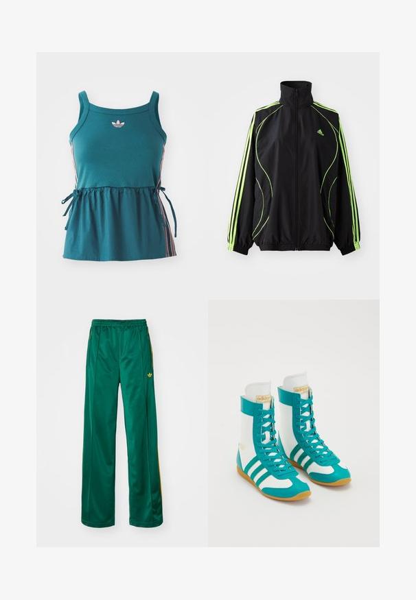 adidas Originals TEAMGEIST ADICOLOR - Ľahká bunda - black/signal green; Tyrkysový bezrukávový top so zhromaždeným pásom, ružovými bočnými pruhmi a vyšitým logom. Vyrobený z mäkkého materiálu s voľným strihom a viazanými detailmi.; Zelené saténové športové nohavice s voľným strihom, s žltými pruhmi a vyšitým logom na ľavej strane. Elastický pás.; Vysoké športové tenisky s tyrkysovým syntetickým materiálom, bielymi panelmi, tromi tyrkysovými pruhmi a gumovou podrážkou s textúrovaným úchopom.