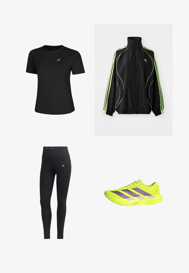 adidas Originals TEAMGEIST ADICOLOR - Jas - black/signal green; Zwart sport t-shirt van gladde stof, met een ronde halslijn en korte mouwen. Inclusief een reflecterend logo aan de voorkant links.; Zwarte legging met hoge taille, koorddetail en zijzakken. Gemaakt van gladde stof met reflecterende logo-accent.; Felgele hardloopschoen met paarse strepen en dikke zool met label "Lightstrike Pro" op een witte achtergrond.