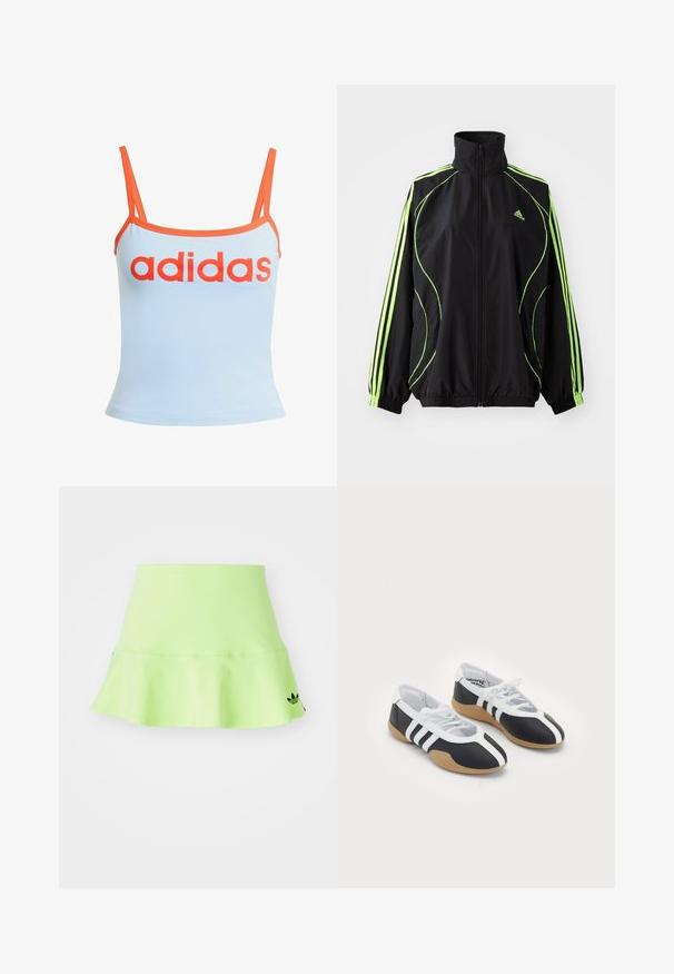 adidas Originals TEAMGEIST ADICOLOR - Ľahká bunda - black/signal green; Svetlomodrý tielko s oranžovým lemovaním, s výrazným červeným logom "adidas" na hrudi. Vyrobené z mäkkého, elastického materiálu. Tenké ramienka.; adidas Originals SKIRT - Minisukňa - signal green; Čierne a biele športové topánky s elegantným dizajnom, gumovou podrážkou, šnurovaním a tromi bielymi prúžkami na bokoch.