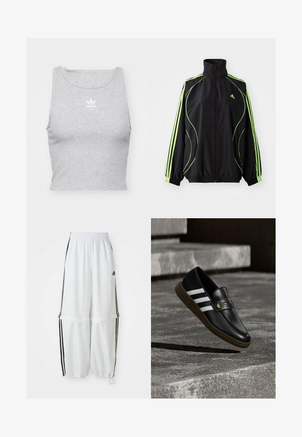 adidas Originals TEAMGEIST ADICOLOR - Jas - black/signal green; Grijze, mouwloze crop top gemaakt van een zachte stof, met een ronde halslijn en een klein wit Adidas-logo op de borst.; Witte sportbroek met een relaxte pasvorm, elastische tailleband en zwarte zijkanten. Voorzien van ritszakken en elastische boorden bij de enkels.; Zwarte leren loafer met witte strepen en bruine zool, gepositioneerd boven betonnen treden die een schaduw op de grond werpen.