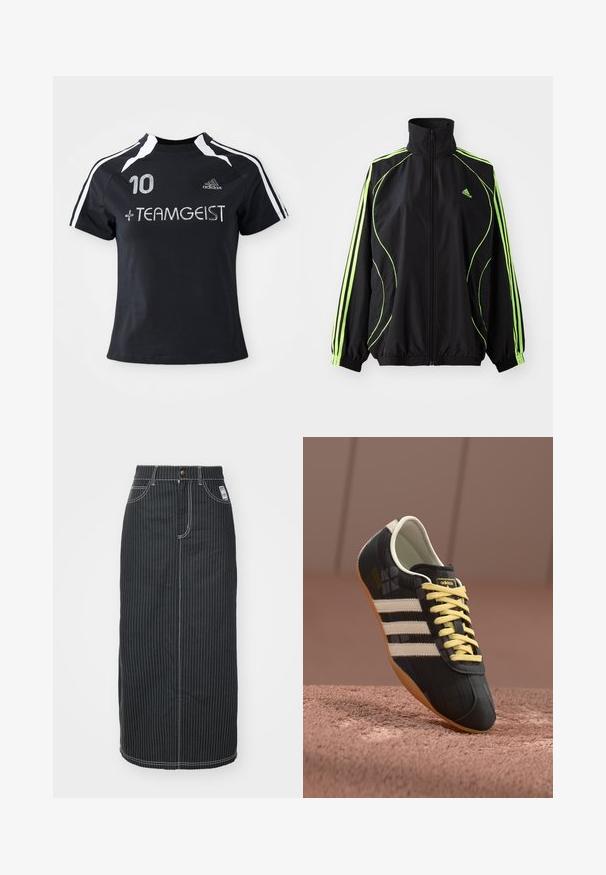 adidas Originals TEAMGEIST ADICOLOR - Ľahká bunda - black/signal green; Čierny dres s krátkymi rukávmi a bielymi pruhmi, má vyšitú číslicu "10" a " + TEAMGEIST " vpredu. Vyrobený z mäkkého a priedušného materiálu.; Čierna denim midi sukňa s bielymi vertikálnymi pruhmi. Obsahuje pás na gombík, dve predné vrecká a kontrastné šitie. Priamy strih.; Čierna atletická obuv s tromi bielymi pruhmi, žltými šnúrkami a textúrovaným povrchom. Má zakrivený dizajn a gumenú podrážku.
