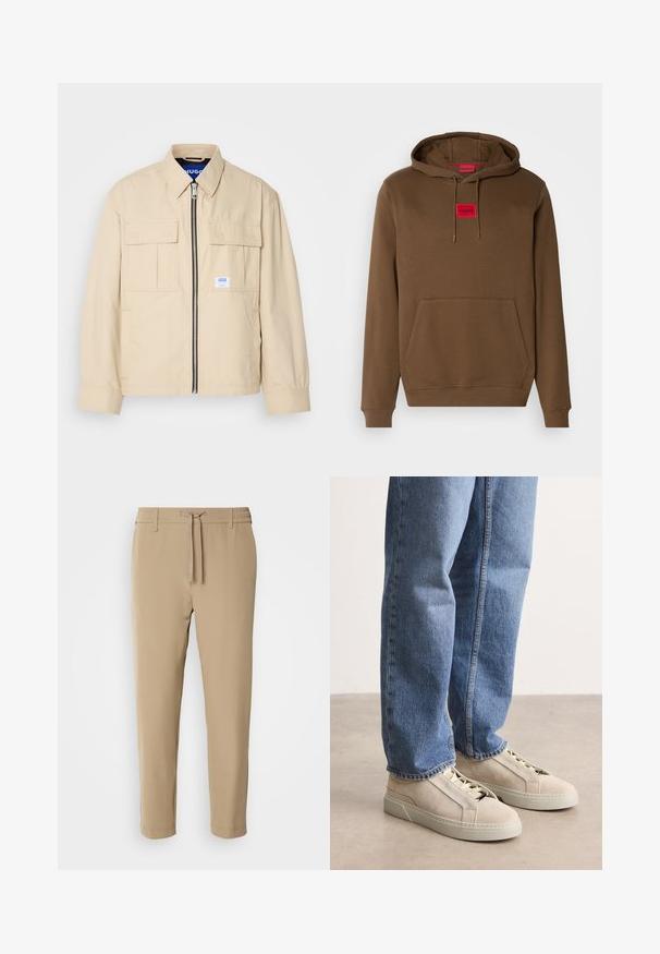 Beige jakke med lynlås foran, to brystlommer og en lille brandingetiket. Fremstillet af et glat, let materiale.; Brun hoodie med snøre i hætten, en front kangaroo-lomme, og et rødt rektangulært mærke med "HUGO" centreret på brystet.; Beige, tapered bukser med elastisk talje og snor. Glat stof med et rent design uden synlige mønstre eller hardware.; BOSS GARYTENN_SDHDEL - Sneakers - natural ten