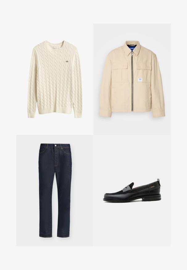 Beige jakke med lynlås foran, to brystlommer og en lille brandingetiket. Fremstillet af et glat, let materiale.; Kremfarvet kabelstrikket sweater med lange ærmer, rund hals og lille broderet logo på venstre bryst.; Mørkeblå denimjeans med lige ben, forreste lukning med knap og lynlås, bæltestropper samt for- og baglommer.; Sort læderloafer med grå remdetalje, lav hæl og tekstureret sål, mærket med "HUGO" i guld på siden.