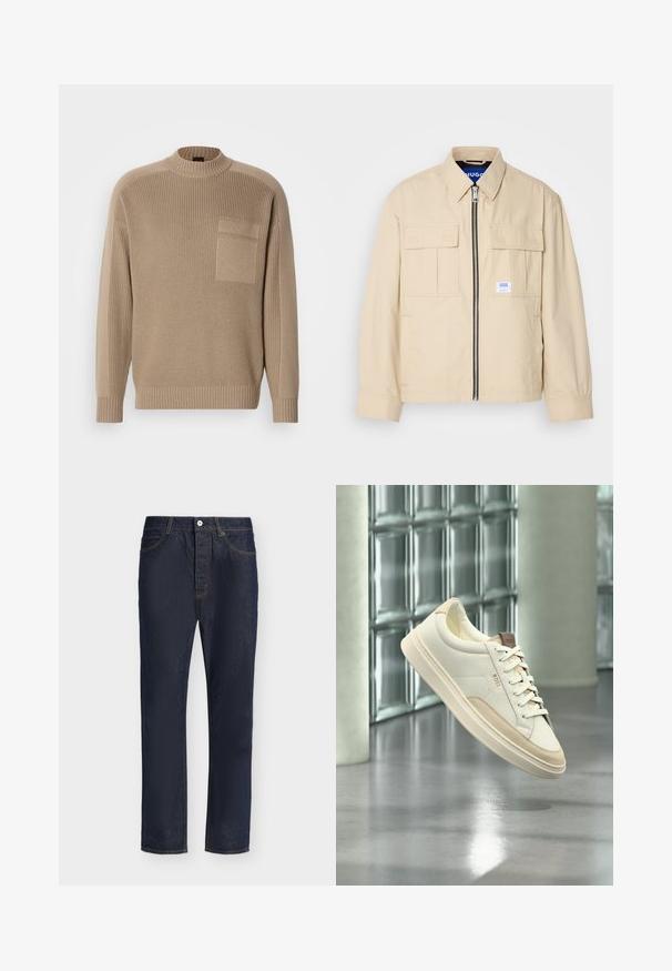 Beige jakke med lynlås foran, to brystlommer og en lille brandingetiket. Fremstillet af et glat, let materiale.; Beige strikket sweaterv med lange ærmer, ribbet krave og manchetter og en lomme på venstre bryst.; Mørkeblå denimjeans med lige ben, forreste lukning med knap og lynlås, bæltestropper samt for- og baglommer.; Hvid lavtop sneaksko med beige accenter og snørebånd, mærket "BOSS", svæver over en poleret gulv med en glasblokvæg i baggrunden.