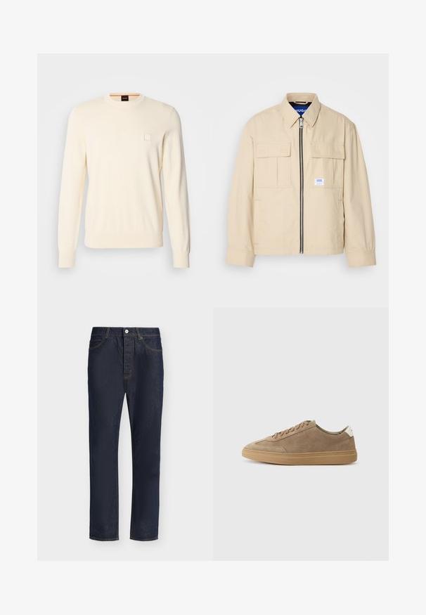 Beige jas met een voorkleurige rits, twee borstzakken en een klein merkembleem. Gemaakt van een gladde, lichtgewicht stof.; Crème-kleurige trui met een ronde hals, lange mouwen en een klein vierkant logo op de borst. Gemaakt van zachte, premium stof.; Donkerblauwe rechte spijkerbroek met knoop- en ritssluiting aan de voorkant, riemlussen en voor- en achterzakken.; Suède sneakers in lichtbruin met een rubberen zool. Voorzien van een vetersluiting en een minimalistische stijl, geaccentueerd door een witte hieltab.