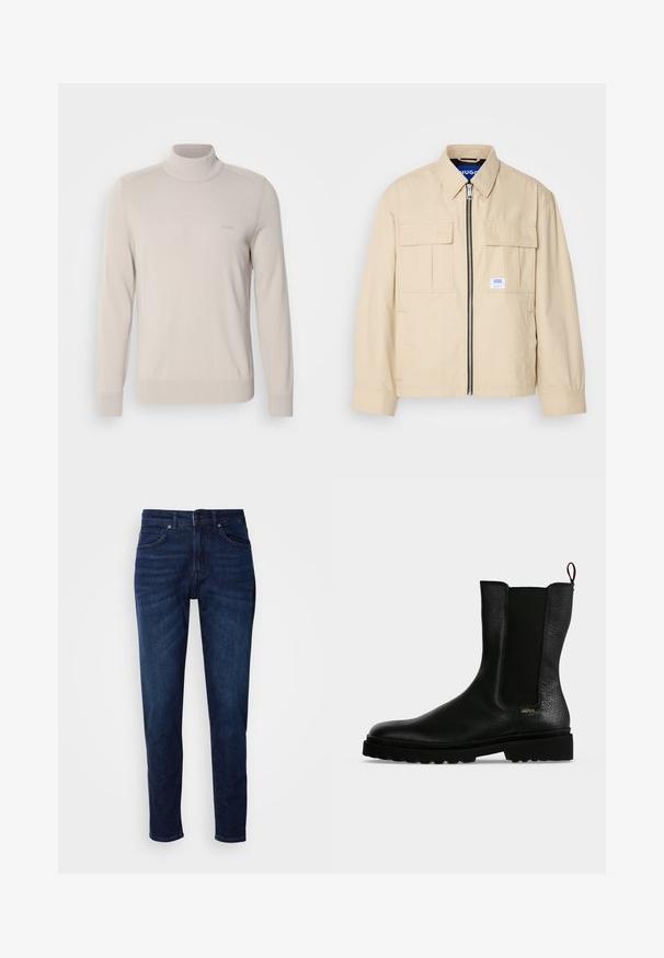 Beige jas met een voorkleurige rits, twee borstzakken en een klein merkembleem. Gemaakt van een gladde, lichtgewicht stof.; Lichtbeige coltrui van zachte stof. Voorzien van geribde manchetten en zoom, met een subtiele logo op de borst. Klassiek ontwerp.; Donkerblauwe denim jeans met een rechte pijpdesign, voorzien van zakken en een knoopsluiting bij de taille. Zachte textuur, minimale vervagingdetails.; Zwarte leren enkellaars met elastisch zijpaneel, dikke zool en treklus aan de achterkant, met een klein gouden "Hugo" logo vlak bij de hiel.