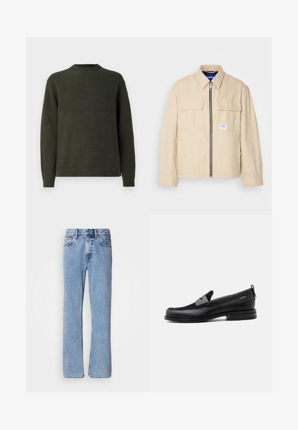 Veste beige avec fermeture éclair à l'avant, deux poches poitrine et une petite étiquette de marque. Fabriquée en tissu lisse et léger.; Pull en tricot à manches longues de couleur vert foncé avec un col rond côtelé, des poignets et un ourlet, présenté sur un fond blanc uni.; Jean en denim bleu clair avec une coupe droite, cinq poches et une fermeture à bouton. Détails de couture près des poches et de la taille.; Mocassin en cuir noir avec détail de bride grise, talon bas et semelle texturée, marqué "HUGO" en or sur le côté.