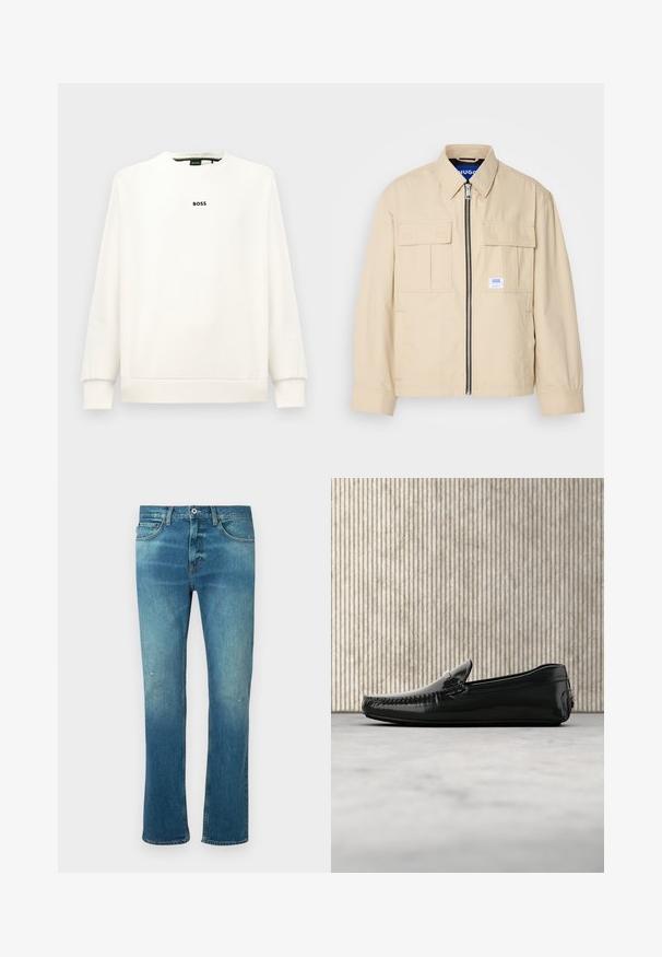 Beige Jacke mit einem Frontreißverschluss, zwei Brusttaschen und einem kleinen Markenetikett. Hergestellt aus einem glatten, leichten Stoff.; Weißes Sweatshirt mit Rundhalsausschnitt, langen Ärmeln, gerippten Bündchen und Saum. Mit einem kleinen schwarzen „BOSS“-Logo auf der Brust. Glatte Textur.; Blaue Jeans aus Denim mit geradem Schnitt, ausgestattet mit einem leichten Verwaschungseffekt, leichten Abnutzungen an den Knien und klassischem Fünf-Taschen-Design.; Schwarze Lederloafers mit glänzender Oberfläche, runder Zehenpartie und dekorativem Metallbesatz an der Front. Flache Gummisohle. Glatte Textur.