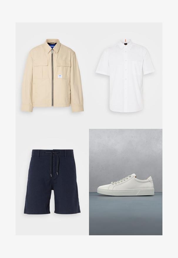 Beige Jacke mit einem Frontreißverschluss, zwei Brusttaschen und einem kleinen Markenetikett. Hergestellt aus einem glatten, leichten Stoff.; Weißes Kurzarm-Hemd mit Knöpfen aus Baumwolle, ausgestattet mit einer einzigen Brusttasche, einem klassischen Kragen und dezenten Nähdetails.; Dunkelblaue Shorts aus leichtem Stoff, mit einem Kordelzugbund, zwei Seitentaschen und einem geraden Beinanschnitt.; Weißes Leder-Sneaker mit abgerundetem Zehenbereich, minimalistisches Design, graue Schnürsenkel und einer strukturierten grauen Gummisohle. Dezente Nähte sichtbar.