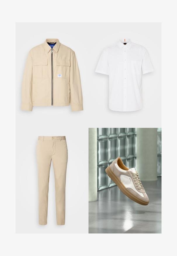 Veste beige avec fermeture éclair à l'avant, deux poches poitrine et une petite étiquette de marque. Fabriquée en tissu lisse et léger.; Chemise blanche à manches courtes, boutonnée, fabriquée en coton, avec une poche poitrine unique, un col classic et des détails de couture discrets.; Chinos en coton beige avec une coupe droite, dotés d'une fermeture à bouton et de poches avant. Texture lisse sans motifs ni accents visibles.; Baskets beige et blanches avec semelle marron clair et logo « BOSS », suspendues au-dessus d’un sol lisse et réfléchissant avec un mur en parpaings de verre en arrière-plan.