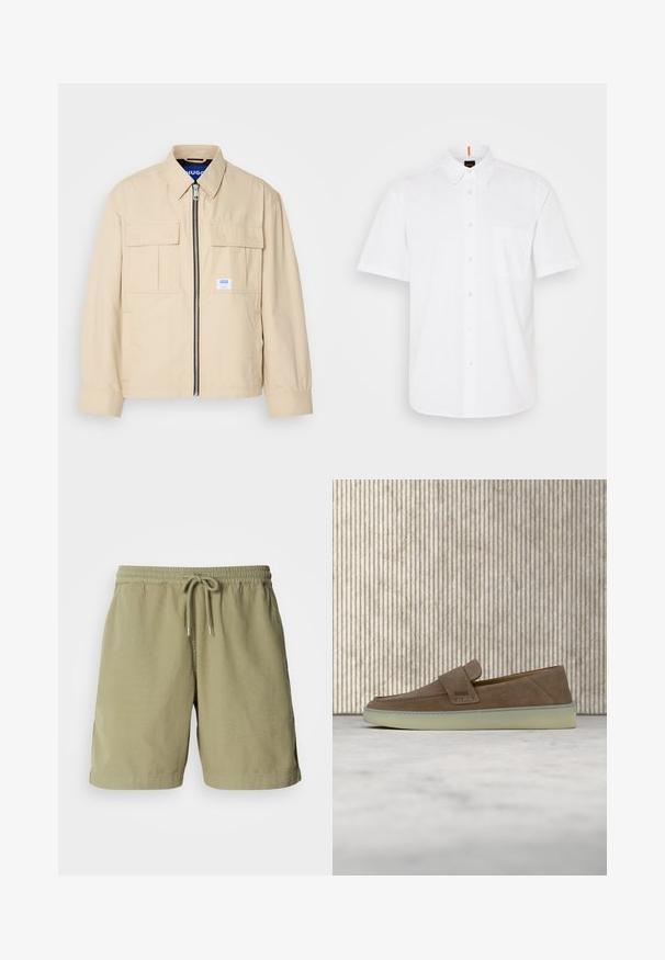 Beige jakke med lynlås foran, to brystlommer og en lille brandingetiket. Fremstillet af et glat, let materiale.; Hvid kortærmet skjorte med knapper lavet af bomuld, med en enkelt brystlomme, klassisk krave og subtile syningsdetaljer.; Olivenfarvede shorts, lavet af bomuld, med elastisk talje og snøre, der har sidelommer og en lige pasform. Glat tekstur.; Beige ruskind slip-on loafer med hvid gummisål og BOSS-logo på sidestroppen, vist mod en ensfarvet neutral baggrund.
