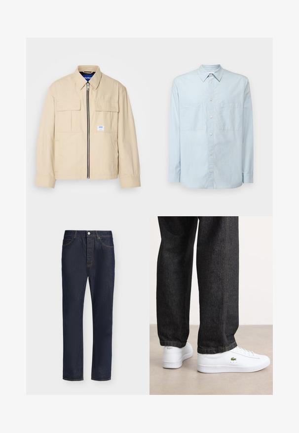 Beige jas met een voorkleurige rits, twee borstzakken en een klein merkembleem. Gemaakt van een gladde, lichtgewicht stof.; Lichtblauw knoopshirt van katoen, met een klassieke kraag, lange mouwen, twee borstzakken en een iets losse pasvorm.; Donkerblauwe rechte spijkerbroek met knoop- en ritssluiting aan de voorkant, riemlussen en voor- en achterzakken.; Witte leren sneakers met een laag profiel en een groen logo, gecombineerd met donkere spijkerbroek met gele stiksels.