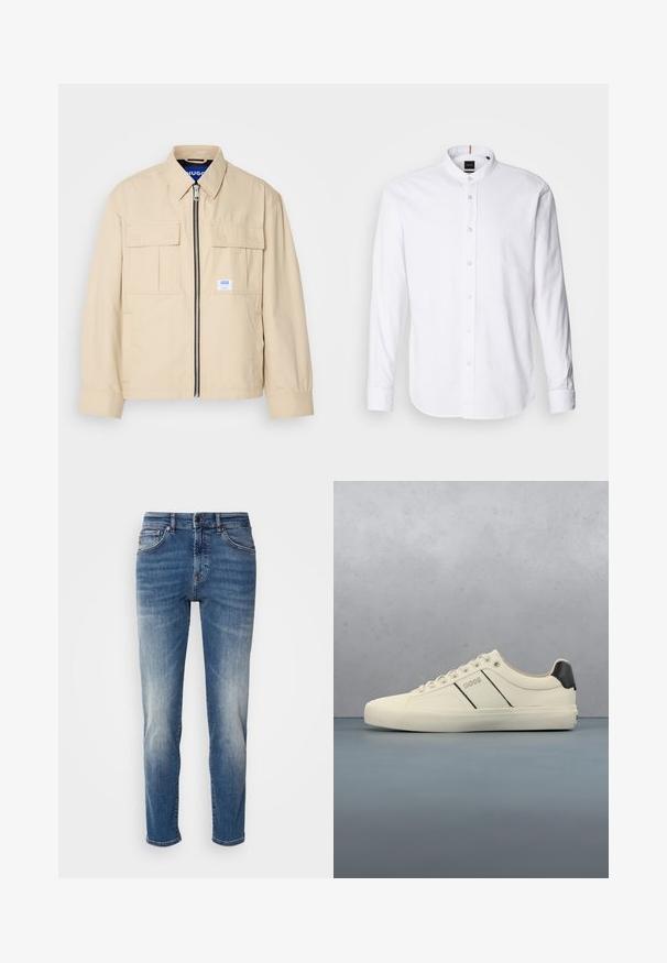 Beige jas met een voorkleurige rits, twee borstzakken en een klein merkembleem. Gemaakt van een gladde, lichtgewicht stof.; Witte lange mouwen shirt met een bandkraag, knoopsluiting aan de voorkant en afgeronde zoom. Gemaakt van katoen, met een gladde textuur en subtiele glans.; Blauwe denim jeans met een recht model, lichte vervaging, klassieke vijf-pocketstijl en een ritssluiting met knoopsluiting.; Crème-kleurige sneakers met een gladde textuur, voorzien van zwarte accenten en branding. Tijdloos vetersysteem met een ronde neus en rubberen zool.