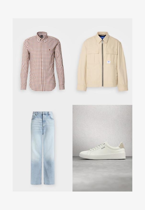 Beige Jacke mit einem Frontreißverschluss, zwei Brusttaschen und einem kleinen Markenetikett. Hergestellt aus einem glatten, leichten Stoff.; Braun- und weiß kariertes Langarmhemd mit Button-Down-Kragen und gesticktem Logo auf der Brust. Baumwollstoffstruktur.; Hellblaue, hoch taillierte Jeans mit geradem Bein, Fronttaschen, Gürtelschlaufen und einem Knopfverschluss.; Weißer Sneaker mit niedriger Schaftform, Schnürsenkeln und beigem Fersenlasche, mit der Marke "HUGO", schwebt über einem polierten Betonboden in der Nähe einer Glasbausteinwand.