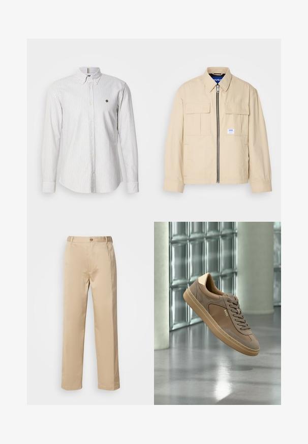 Veste beige avec fermeture éclair à l'avant, deux poches poitrine et une petite étiquette de marque. Fabriquée en tissu lisse et léger.; Chemise à manches longues pour homme en bleu clair et blanc à rayures verticales, en coton, avec un petit logo sur la poitrine et des poignets boutonnés.; Pantalons beiges en tissu léger, avec une coupe droite, une taille avec passants de ceinture et une fermeture à bouton sur le devant.; Baskets décontractées beiges avec lacets et logo « BOSS », flottant au-dessus d’un sol en béton poli avec un mur en blocs de verre en arrière-plan.