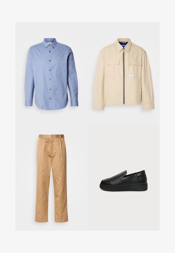Beige Jacke mit einem Frontreißverschluss, zwei Brusttaschen und einem kleinen Markenetikett. Hergestellt aus einem glatten, leichten Stoff.; Helles blaues Hemd mit langen Ärmeln, aus glattem Stoff gefertigt. Verfügt über einen klassischen Kragen, schwarze Knöpfe und ein kleines Logo auf der Brust.; Khaki-Hosen aus Baumwollmischung, im geraden Schnitt, mit Vorderfalten, Gürtelschlaufen und Knopfverschluss. Glatte Textur ohne Muster.; Schwarzer Lederschlupfschuh mit dicker Sohle und kleinen seitlichen Belüftungslöchern, mit goldenem "HUGO"-Logo nahe der Ferse.