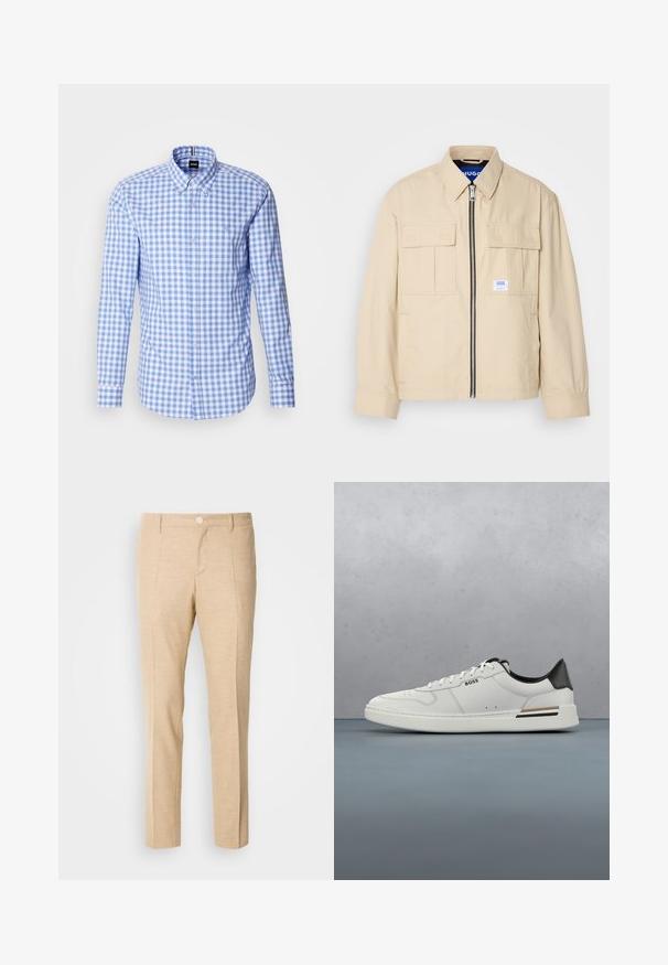 Beige Jacke mit einem Frontreißverschluss, zwei Brusttaschen und einem kleinen Markenetikett. Hergestellt aus einem glatten, leichten Stoff.; Karobluse in Blau und Weiß mit langen Ärmeln, Button-Down-Kragen und Logo-Stickerei auf der Brust. Aus glattem Baumwollmaterial.; Beige maßgeschneiderte Hosen aus strukturierter Stoff, mit geradem Bein-Design, vorderen Falten und einem einzigen Knopfverschluss an der Taille.; Weißer Sneaker mit niedrigem Schnitt und schwarzer Ferse, Schnürverschluss, dezenten Perforationen und "BOSS"-Logo an der Seite, gezeigt von der äußeren Seitenansicht.